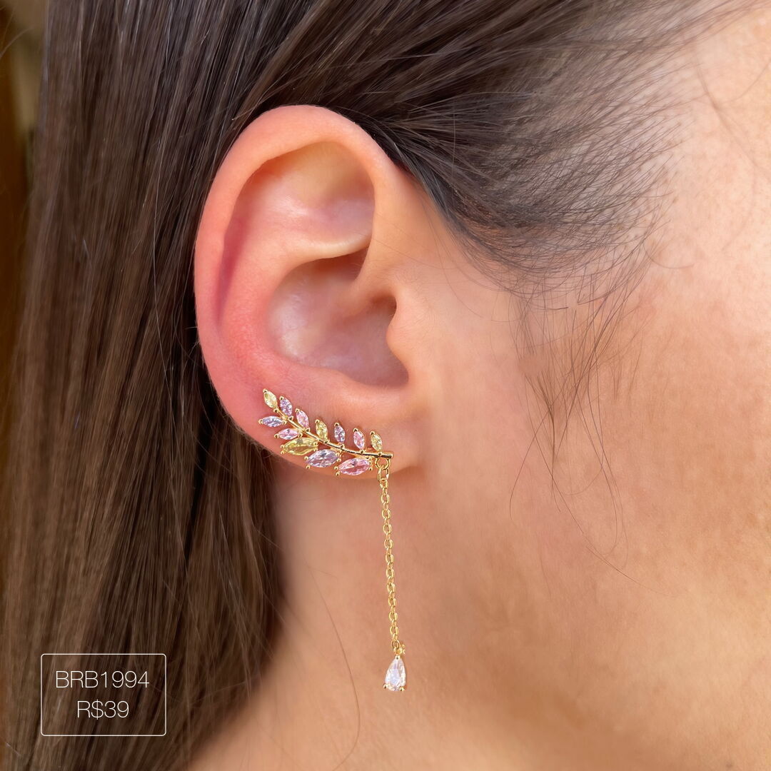 Brinco Ear Cuff Mini Candy Colors c/ Gota Pendurada Cristal Dourado